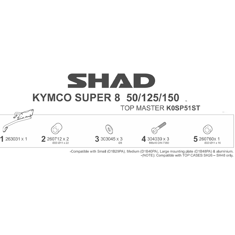KIT DE FIJACIÓN POSTERIOR SHAD K0SP51ST KYMCO SUPER 8 50/125/150 | Fijaciones Top Case de moto | %brands%